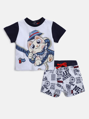 Boys White Knitted T-shirt with Short Pants